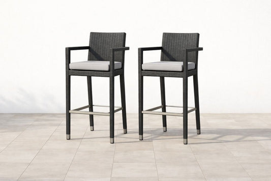 Black and Grey Rattan Bar Stools Set with Cushions