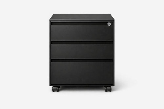 Black Steel 3-Drawer Filing Cabinet with Lock and Casters