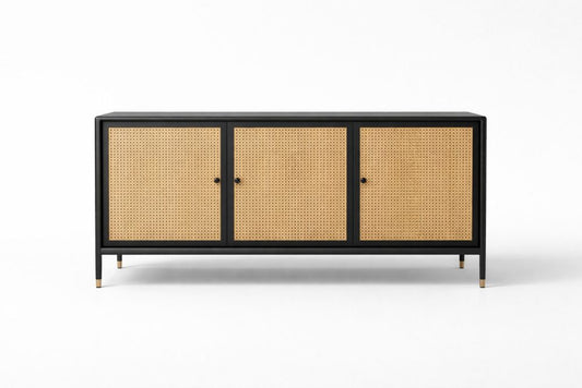 Black-painted hardwood Sideboard with Rattan Doors and Black Frame