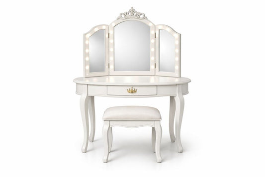 Kids White Vanity Table Set with Mirror and Cushioned Stool MDF
