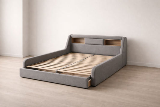 Gray Upholstered Solid wood Slat Bed Frame with Storage Headboard