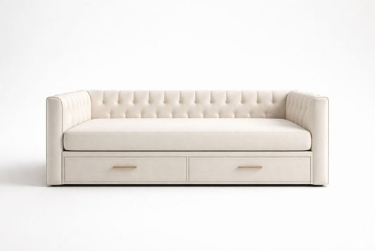 Beige Tufted Upholstered Sofa with Built-in Storage Drawers, Foam Filling, 220cm x 85cm x 75cm