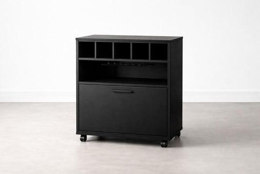 Engineered wood Wine Rack Bar Cabinet with Wheels and Storage Black