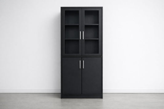 Black Engineered wood Storage Cabinet with Glass and Solid Doors