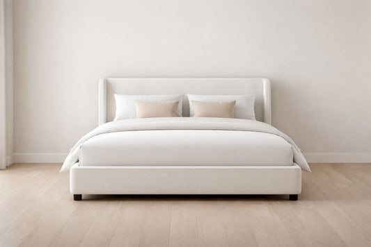 Linen Upholstered Platform Bed Solid Wood Frame Full Size White