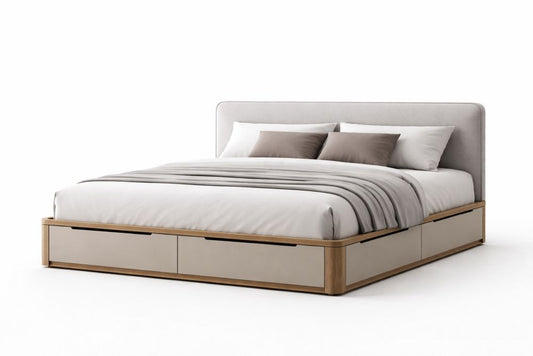 King Platform Bed with Upholstered Headboard and Storage Drawers Solid Wood Frame Beige